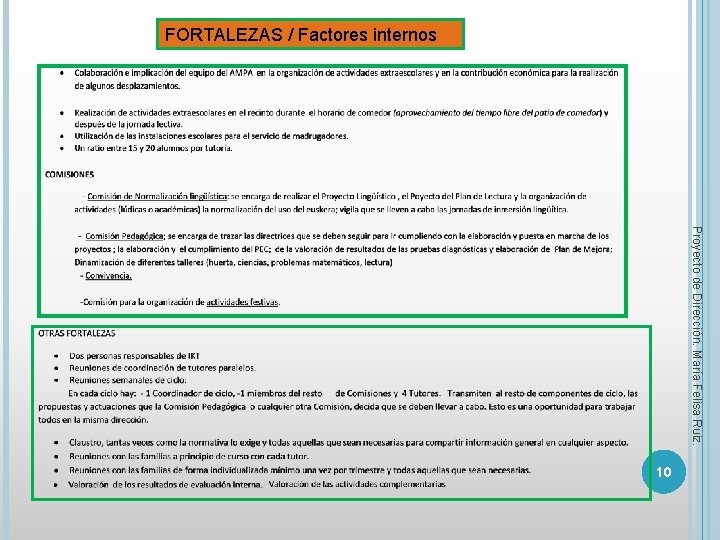 FORTALEZAS / Factores internos Proyecto de Dirección. María Felisa Ruiz. 10 