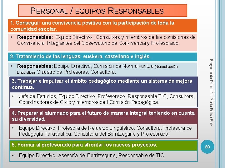 PERSONAL / EQUIPOS RESPONSABLES 1. Conseguir una convivencia positiva con la participación de toda