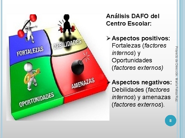 Análisis DAFO del Centro Escolar: Ø Aspectos negativos: Debilidades (factores internos) y amenazas (factores