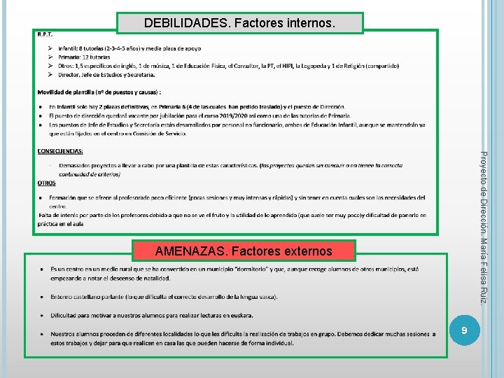 DEBILIDADES. Factores internos. Proyecto de Dirección. María Felisa Ruiz. AMENAZAS. Factores externos 9 