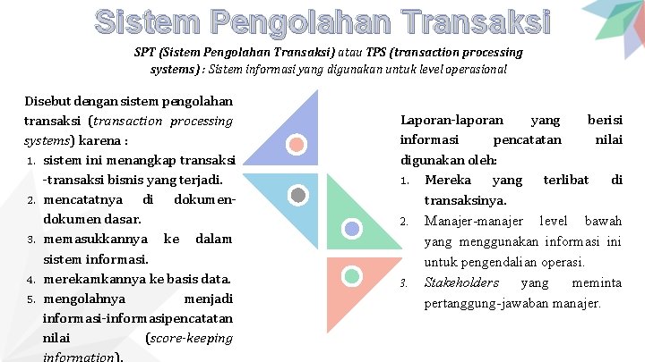 Sistem Pengolahan Transaksi SPT (Sistem Pengolahan Transaksi) atau TPS (transaction processing systems) : Sistem