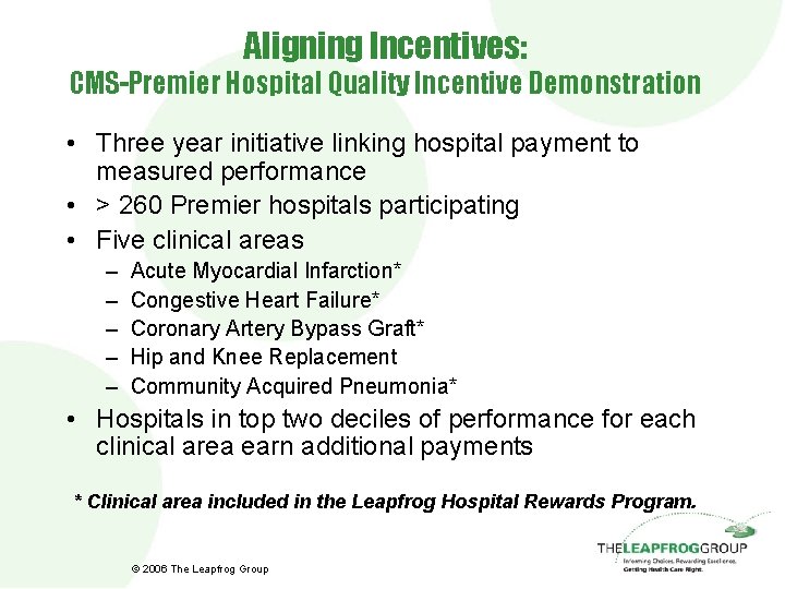 Aligning Incentives: CMS-Premier Hospital Quality Incentive Demonstration • Three year initiative linking hospital payment