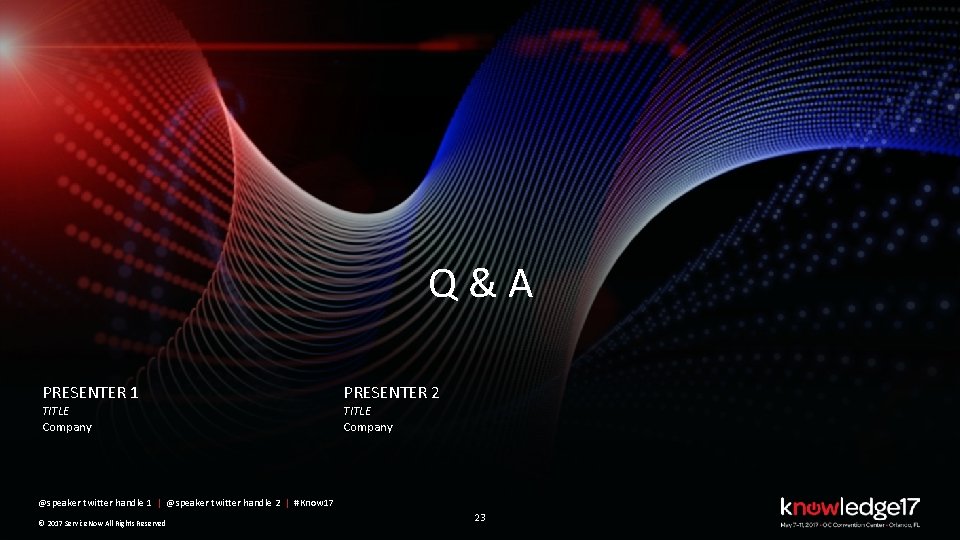Q&A PRESENTER 1 TITLE Company PRESENTER 2 TITLE Company @speaker twitter handle 1 |