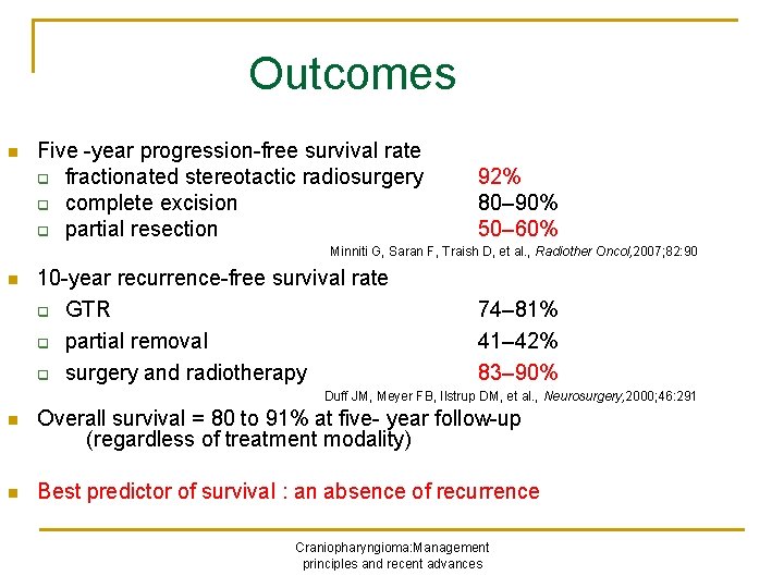 Outcomes n Five -year progression-free survival rate q fractionated stereotactic radiosurgery q complete excision