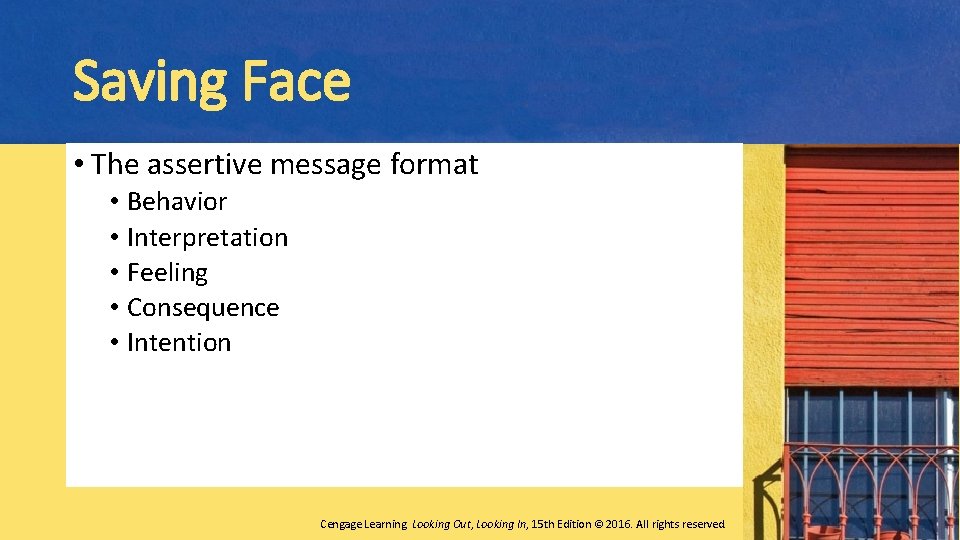 Saving Face • The assertive message format • Behavior • Interpretation • Feeling •
