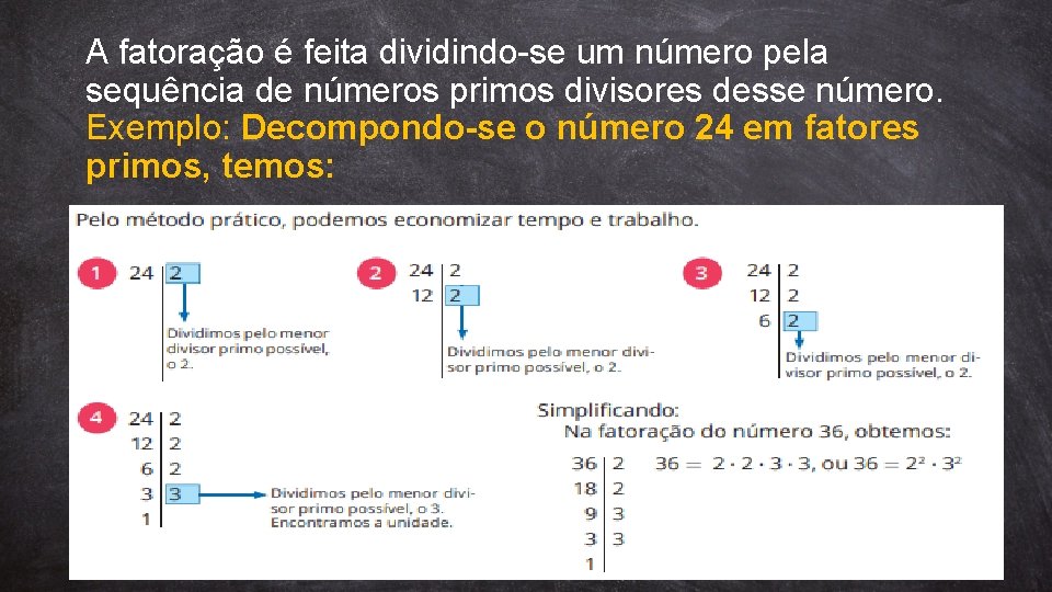 A fatoração é feita dividindo-se um número pela sequência de números primos divisores desse