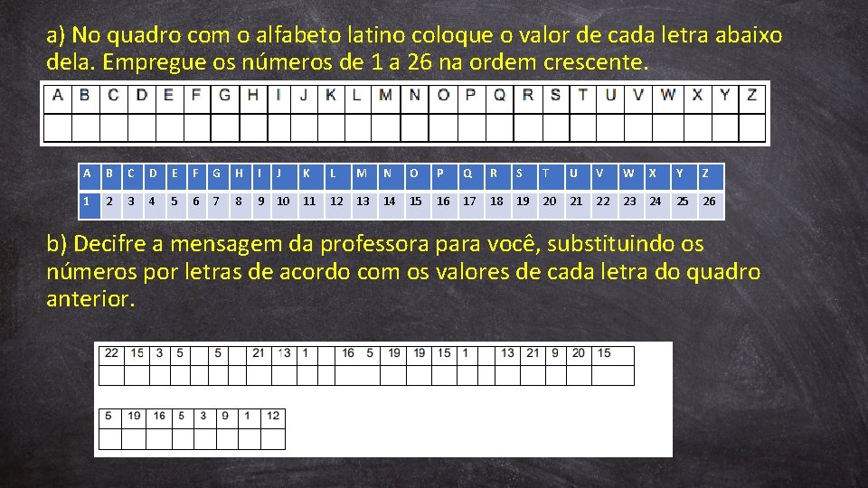 a) No quadro com o alfabeto latino coloque o valor de cada letra abaixo