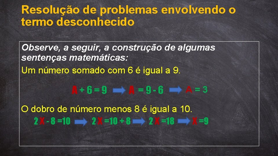 Resolução de problemas envolvendo o termo desconhecido Observe, a seguir, a construção de algumas