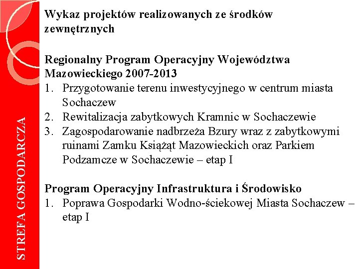 STREFA GOSPODARCZA Wykaz projektów realizowanych ze środków zewnętrznych Regionalny Program Operacyjny Województwa Mazowieckiego 2007