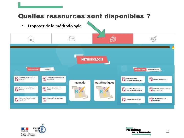 Quelles ressources sont disponibles ? • Proposer de la méthodologie 12 