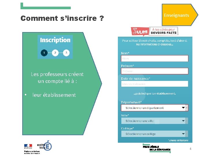 Comment s’inscrire ? Enseignants Les professeurs créent un compte lié à : • leur