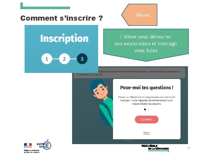 Comment s’inscrire ? Elèves L’élève peut démarrer son exploration et interagir avec Jules 9