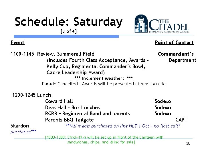 Schedule: Saturday [3 of 4] Event Point of Contact 1100 -1145 Review, Summerall Field