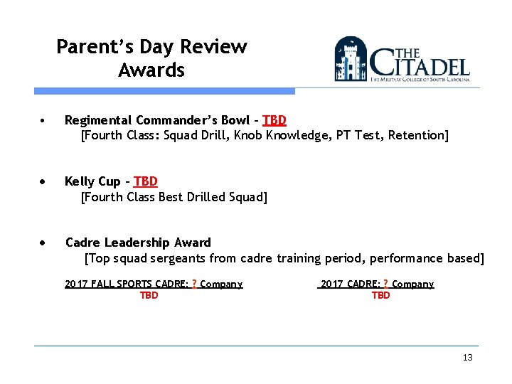Parent’s Day Review Awards • Regimental Commander’s Bowl – TBD [Fourth Class: Squad Drill,