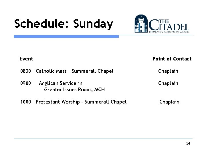 Schedule: Sunday Event Point of Contact 0830 Catholic Mass – Summerall Chapel Chaplain 0900