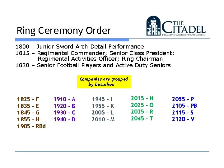 Ring Ceremony Order 1800 – Junior Sword Arch Detail Performance 1815 – Regimental Commander;