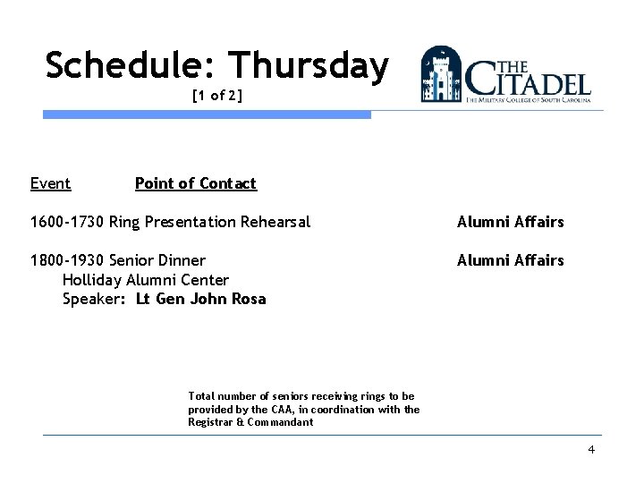 Schedule: Thursday [1 of 2] Event Point of Contact 1600 -1730 Ring Presentation Rehearsal