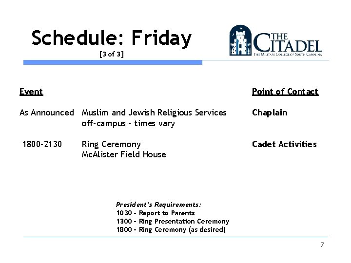 Schedule: Friday [3 of 3] Event Point of Contact As Announced Muslim and Jewish