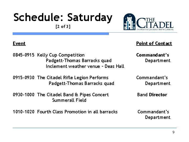 Schedule: Saturday [2 of 3] Event Point of Contact 0845 -0915 Kelly Cup Competition