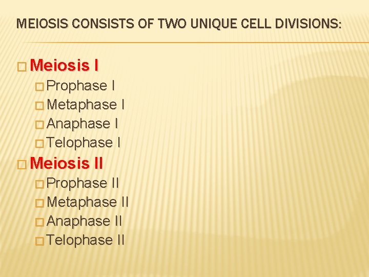MEIOSIS CONSISTS OF TWO UNIQUE CELL DIVISIONS: � Meiosis I � Prophase I � MEIOSIS CONSISTS OF TWO UNIQUE CELL DIVISIONS: � Meiosis I � Prophase I �