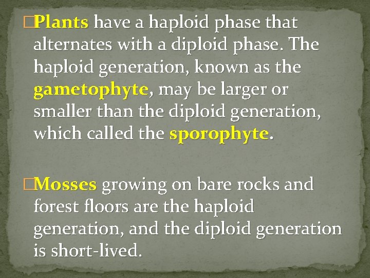 �Plants have a haploid phase that alternates with a diploid phase. The haploid generation, �Plants have a haploid phase that alternates with a diploid phase. The haploid generation,