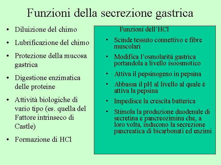 Funzioni della secrezione gastrica • Diluizione del chimo Funzioni dell’HCl • Lubrificazione del chimo