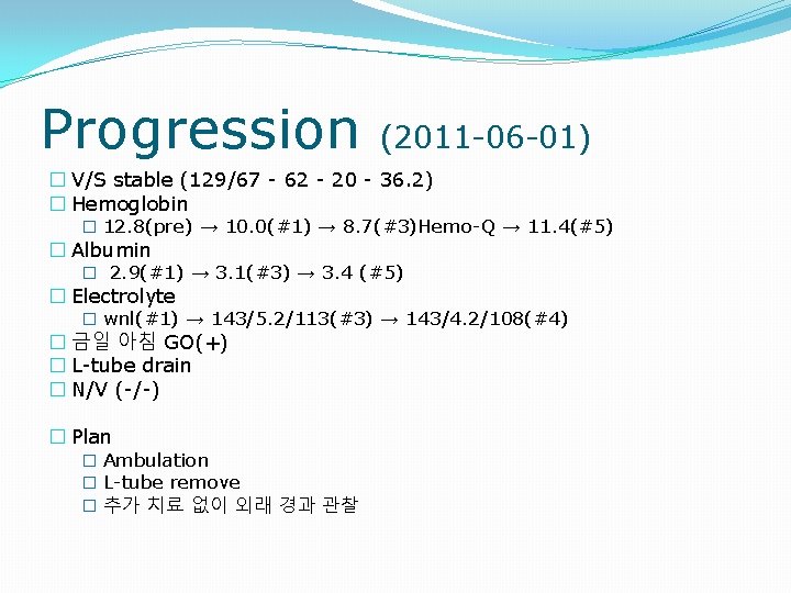 Progression (2011 -06 -01) � V/S stable (129/67 - 62 - 20 - 36.