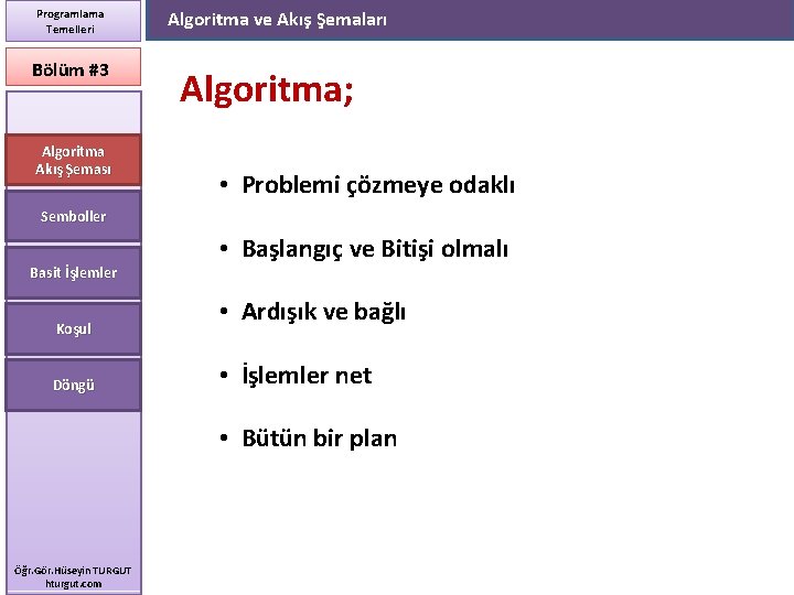 Programlama Temelleri Bölüm #3 Algoritma Akış Şeması Algoritma ve Akış Şemaları Algoritma; • Problemi