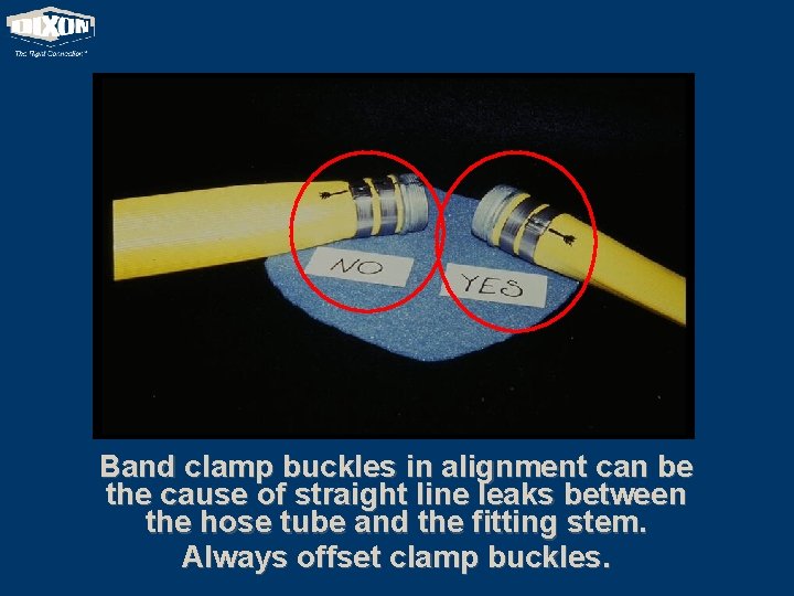 Band clamp buckles in alignment can be the cause of straight line leaks between