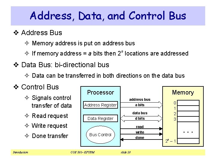 Address, Data, and Control Bus v Address Bus ² Memory address is put on