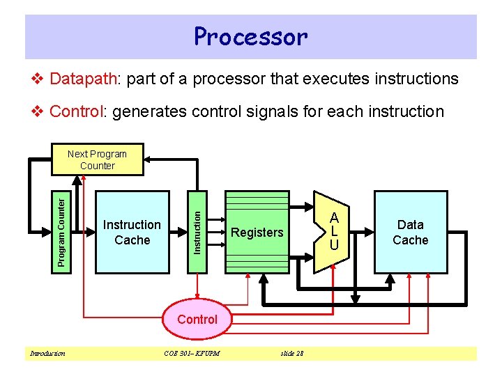 Processor v Datapath: part of a processor that executes instructions v Control: generates control