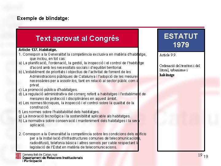 Exemple de blindatge: Text aprovat al Congrés Article 137. Habitatge. 1. Correspon a la