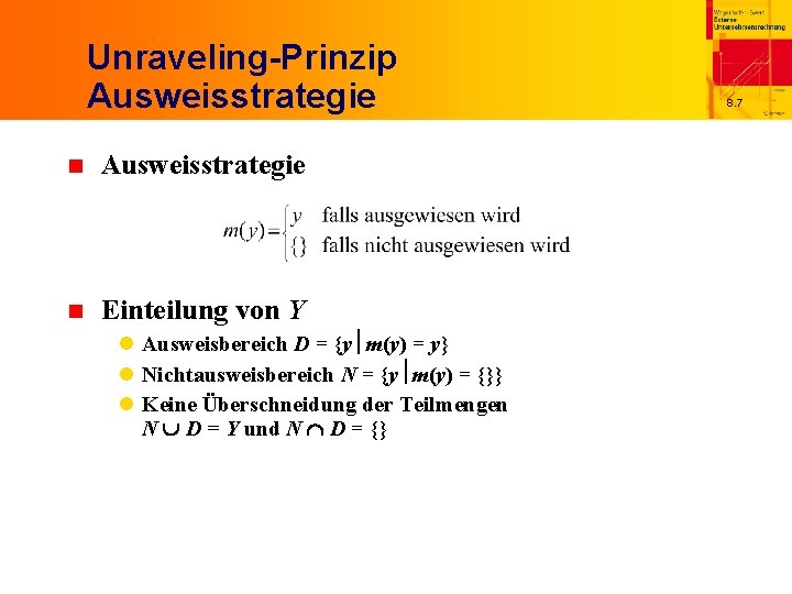 Unraveling-Prinzip Ausweisstrategie n Einteilung von Y l Ausweisbereich D = {y m(y) = y}
