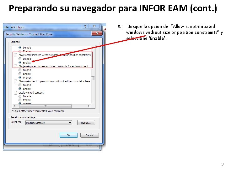 Preparando su navegador para INFOR EAM (cont. ) 9. Busque la opcion de “Allow