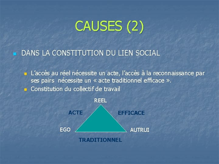 CAUSES (2) n DANS LA CONSTITUTION DU LIEN SOCIAL n n L’accès au réel