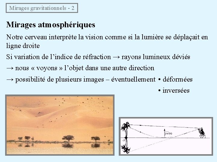 Mirages gravitationnels - 2 Mirages atmosphériques Notre cerveau interprète la vision comme si la