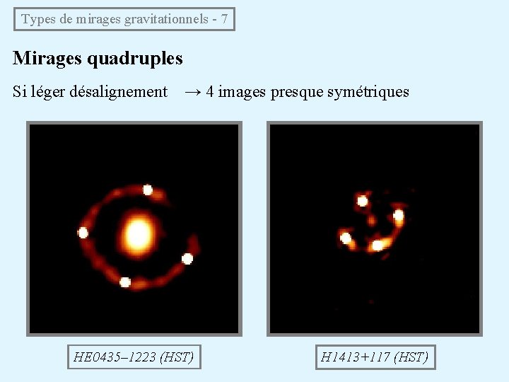 Types de mirages gravitationnels - 7 Mirages quadruples Si léger désalignement → 4 images