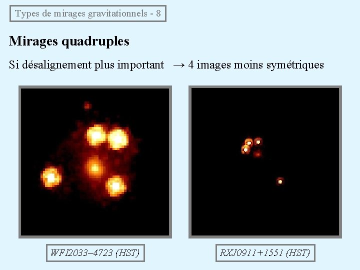 Types de mirages gravitationnels - 8 Mirages quadruples Si désalignement plus important → 4