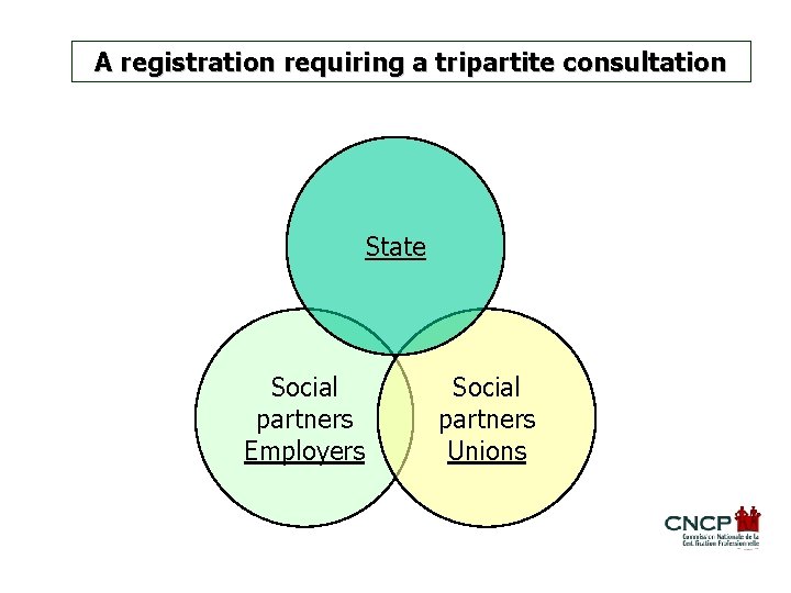 A registration requiring a tripartite consultation State Social partners Employers Social partners Unions 