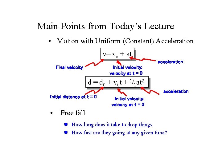 Main Points from Today’s Lecture • Motion with Uniform (Constant) Acceleration v= vo +