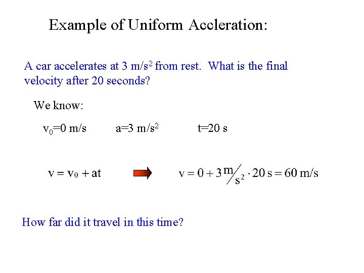 Example of Uniform Accleration: A car accelerates at 3 m/s 2 from rest. What