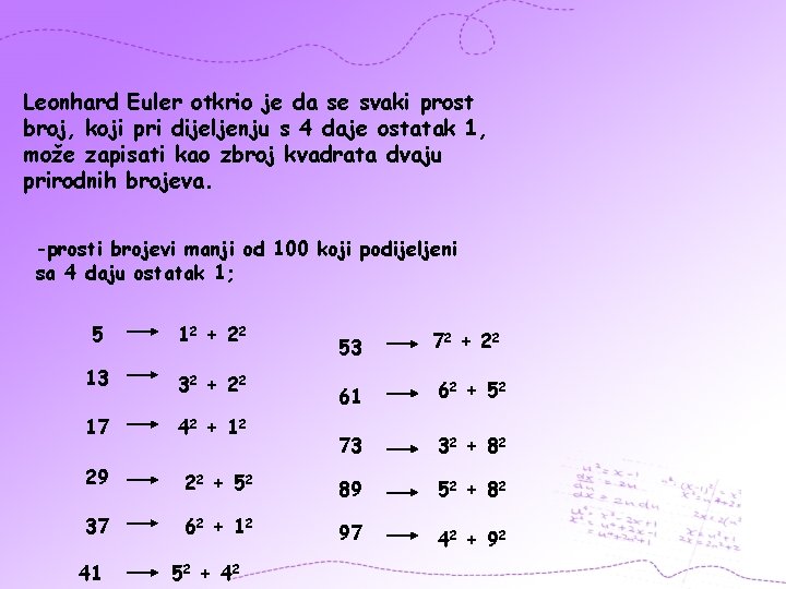 Leonhard Euler otkrio je da se svaki prost broj, koji pri dijeljenju s 4
