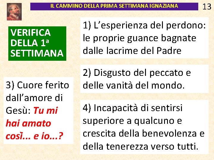 IL CAMMINO DELLA PRIMA SETTIMANA IGNAZIANA VERIFICA DELLA 1 a SETTIMANA 3) Cuore ferito