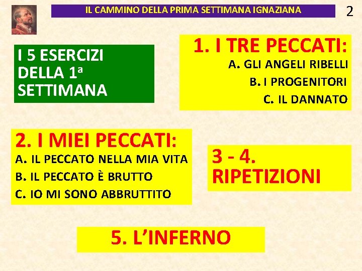 IL CAMMINO DELLA PRIMA SETTIMANA IGNAZIANA 2 1. I TRE PECCATI: I 5 ESERCIZI