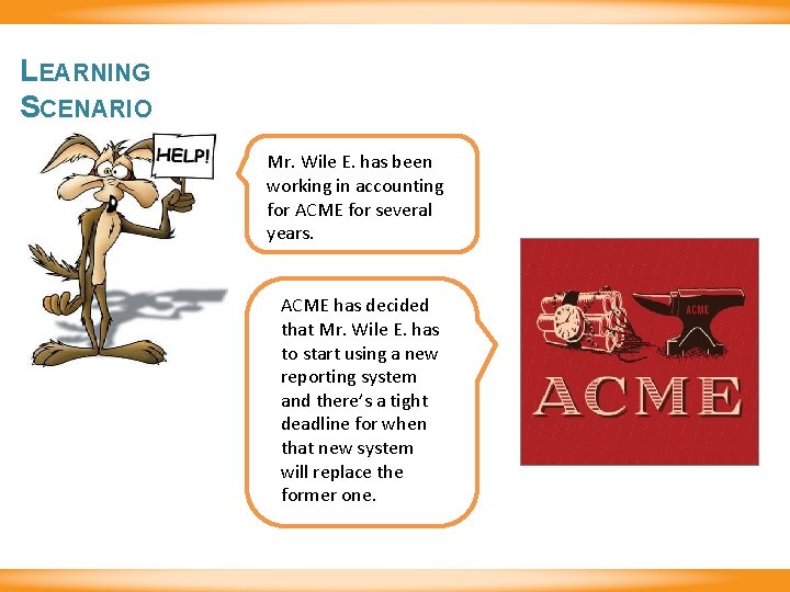 LEARNING SCENARIO Mr. Wile E. has been working in accounting for ACME for several