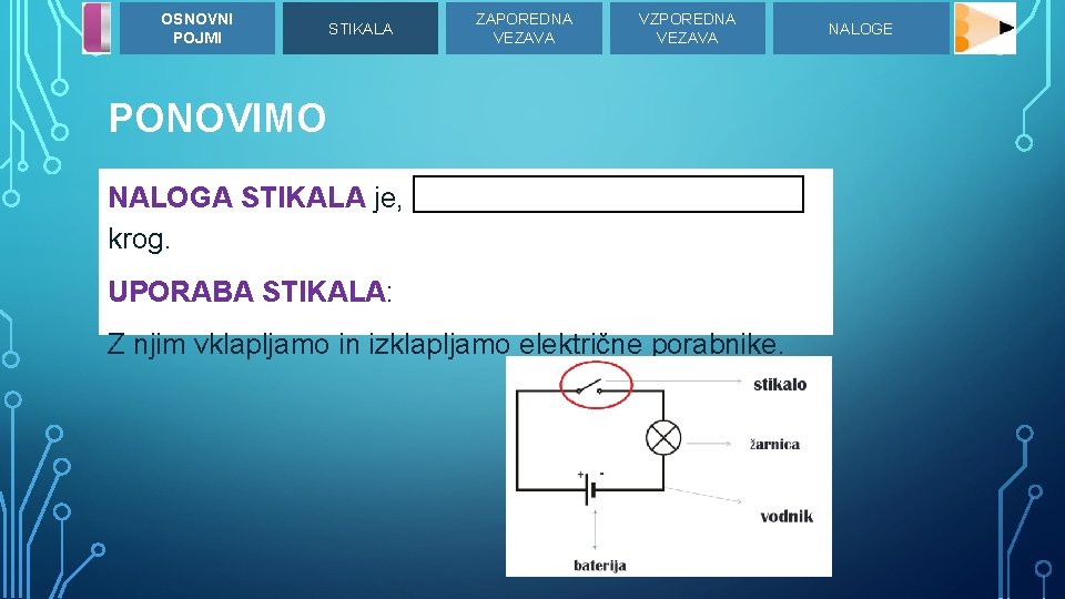 OSNOVNI POJMI STIKALA ZAPOREDNA VEZAVA VZPOREDNA VEZAVA PONOVIMO NALOGA STIKALA je, da sklene ali