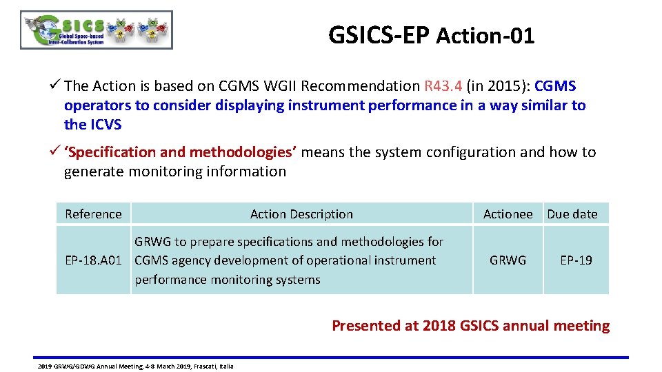 GSICS-EP Action-01 ü The Action is based on CGMS WGII Recommendation R 43. 4