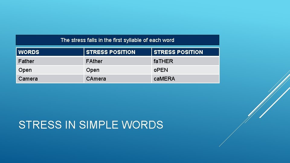 The stress falls in the first syllable of each word WORDS STRESS POSITION Father