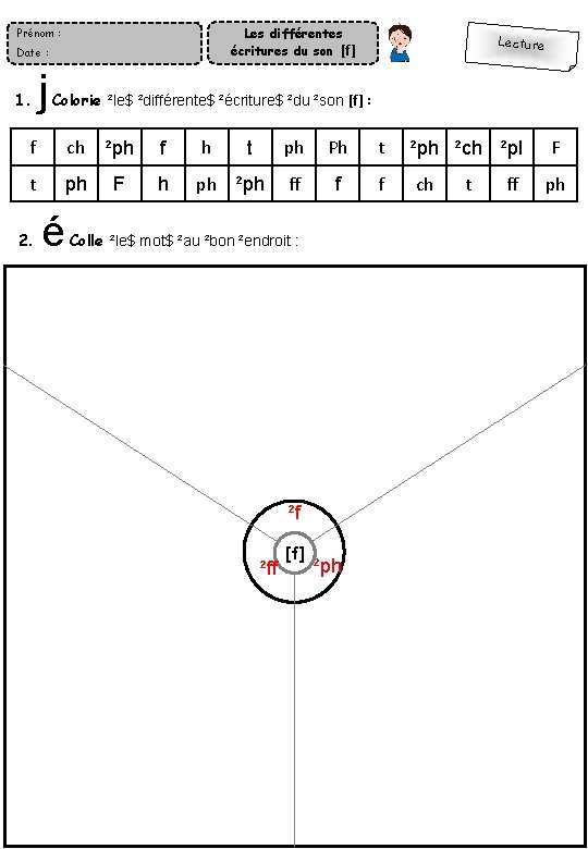 Les différentes écritures du son [f] Prénom : Date : 1. j Colorie ²le$
