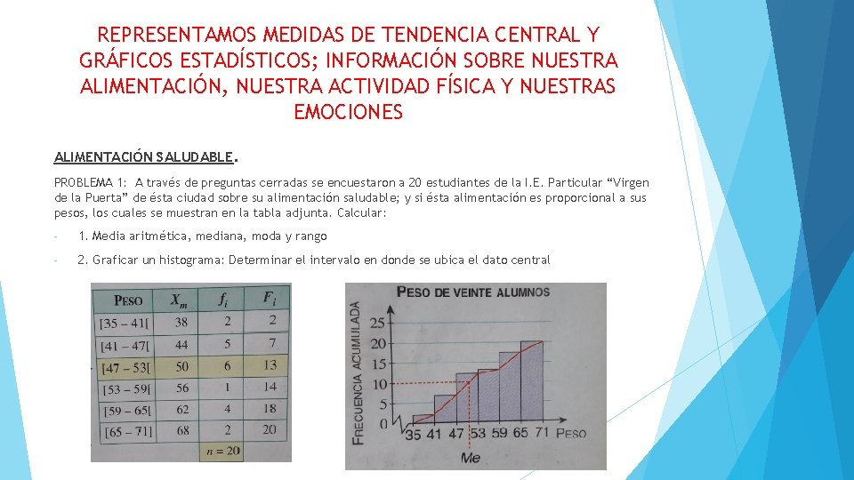 REPRESENTAMOS MEDIDAS DE TENDENCIA CENTRAL Y GRÁFICOS ESTADÍSTICOS; INFORMACIÓN SOBRE NUESTRA ALIMENTACIÓN, NUESTRA ACTIVIDAD